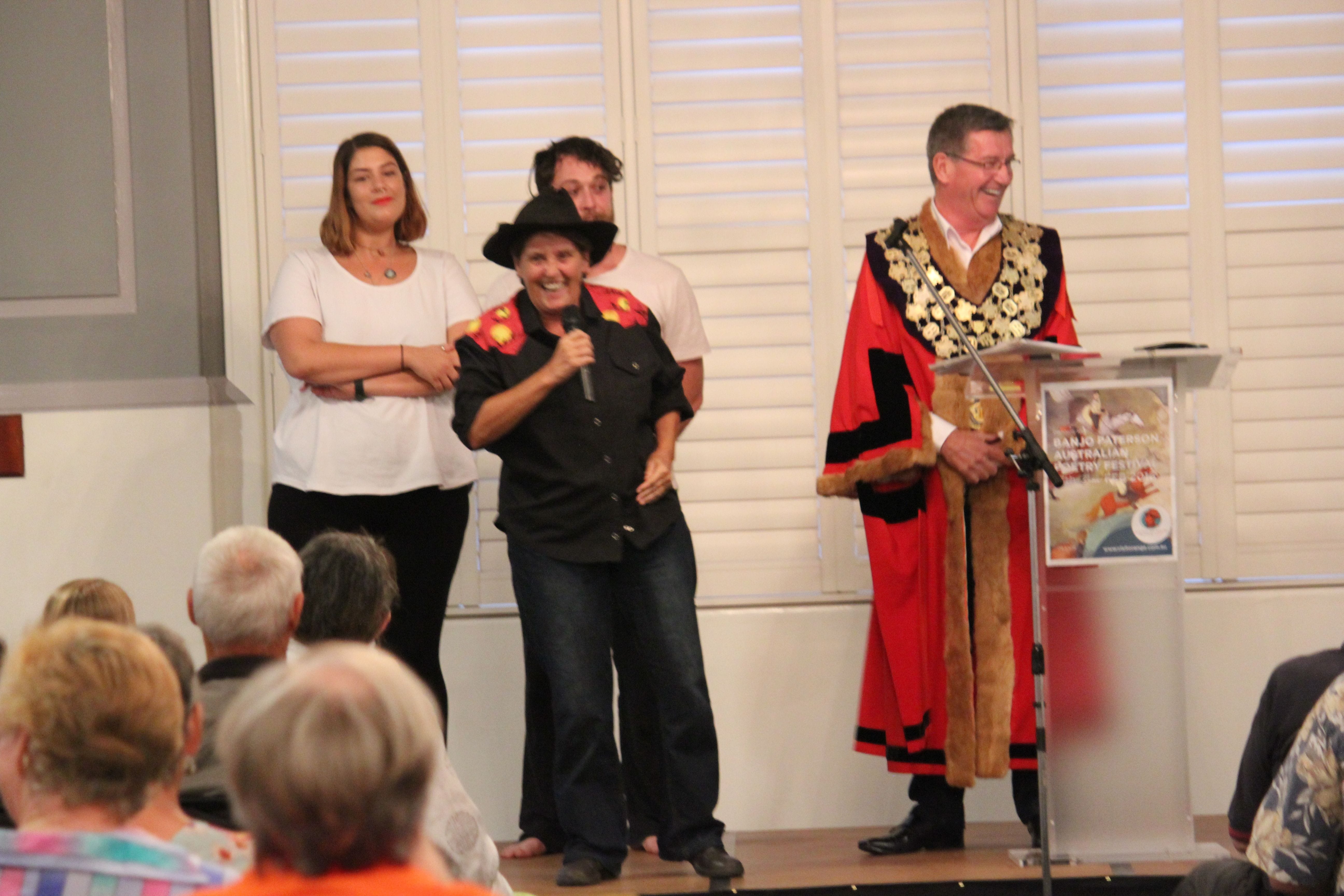 Susie with the Mayor of Bathurst and his interpretive dancers at the Orange Banjo Paterson Festival
